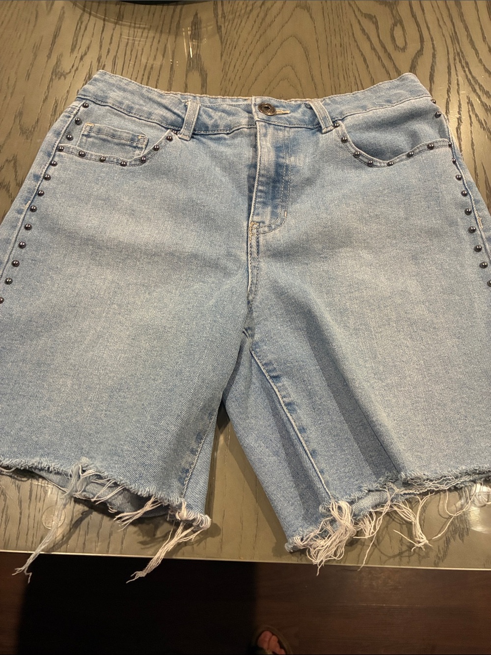 Camila Coelho Light Blue Denim Jean Shorts with Stud Trim